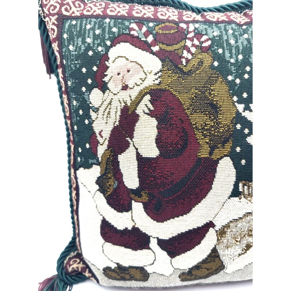 Vintage Christmas Santa Tapestry Decor Pillow Corduroy Back Red & Green Tassels